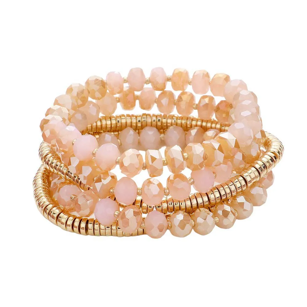 5PCs Faceted & Heishi Beaded Multi Layered Stretch Bracelet