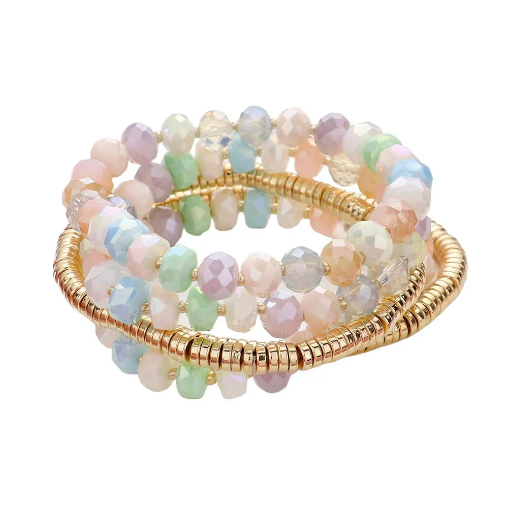 5PCs Faceted & Heishi Beaded Multi Layered Stretch Bracelet