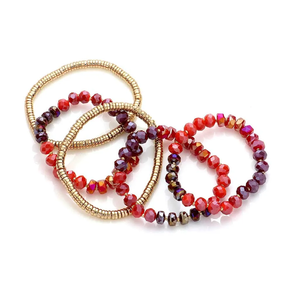 5PCs Faceted & Heishi Beaded Multi Layered Stretch Bracelet