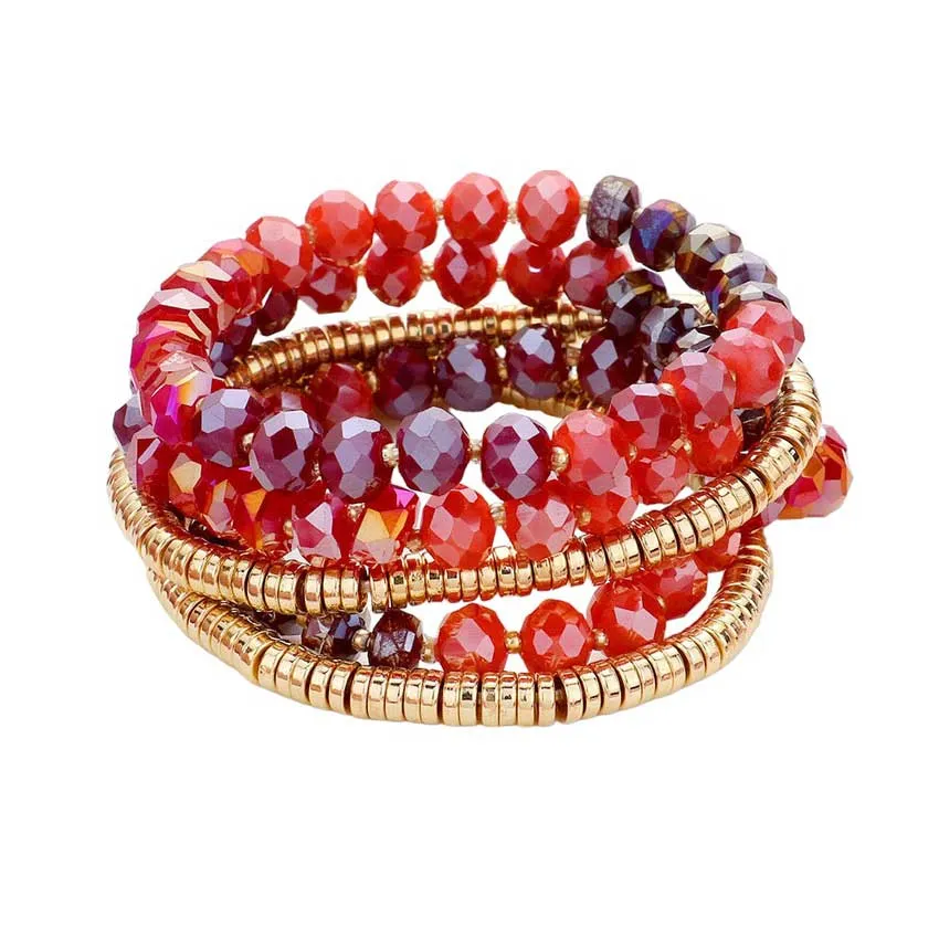 5PCs Faceted & Heishi Beaded Multi Layered Stretch Bracelet