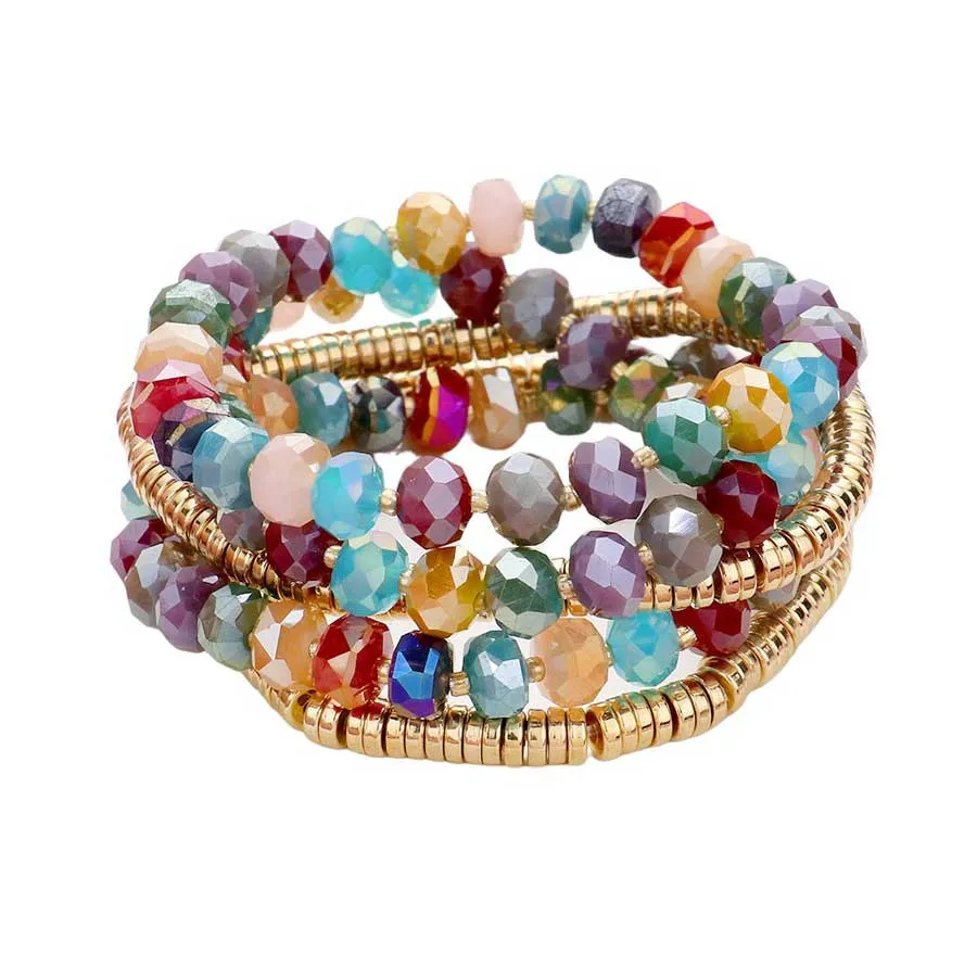 5PCs Faceted & Heishi Beaded Multi Layered Stretch Bracelet