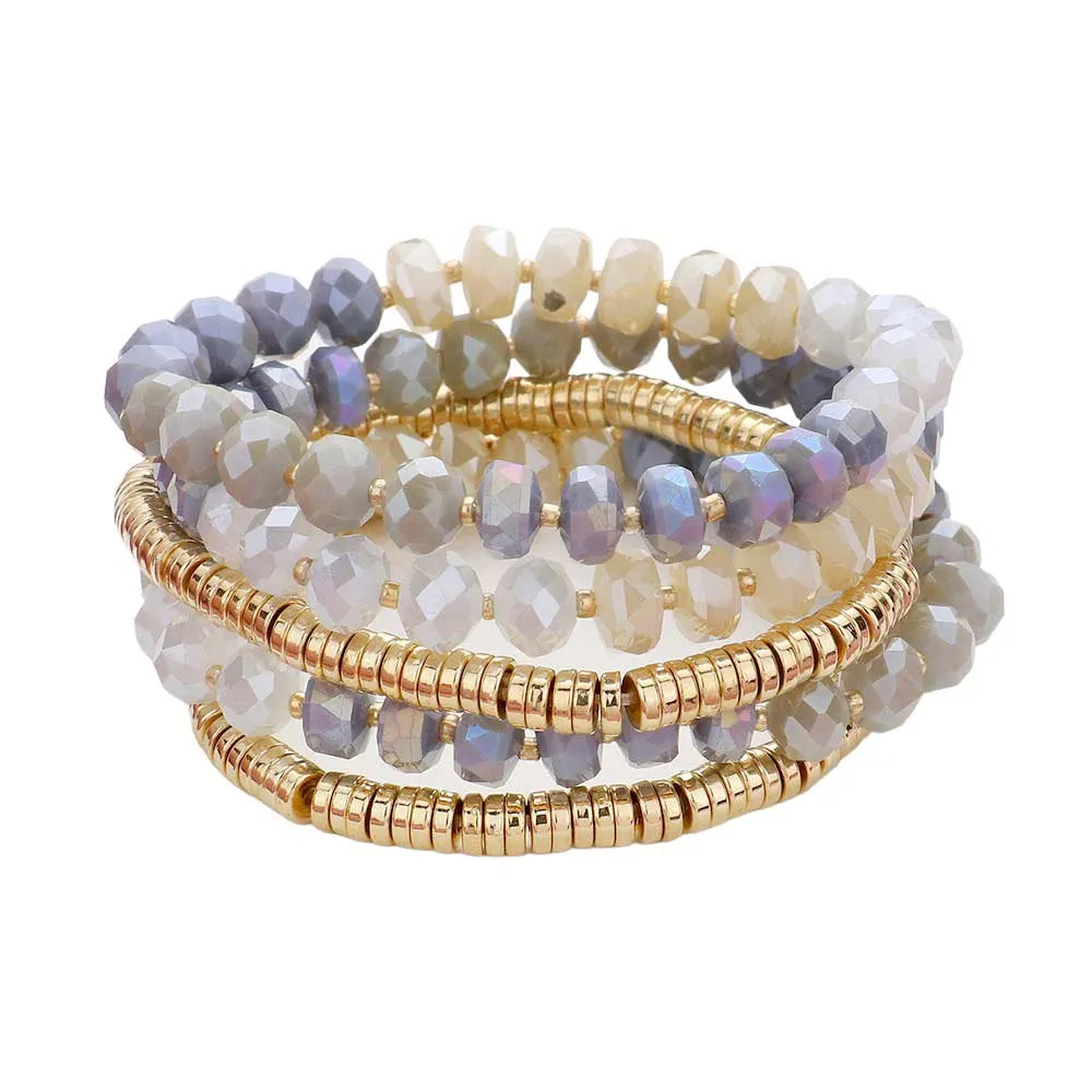 5PCs Faceted & Heishi Beaded Multi Layered Stretch Bracelet