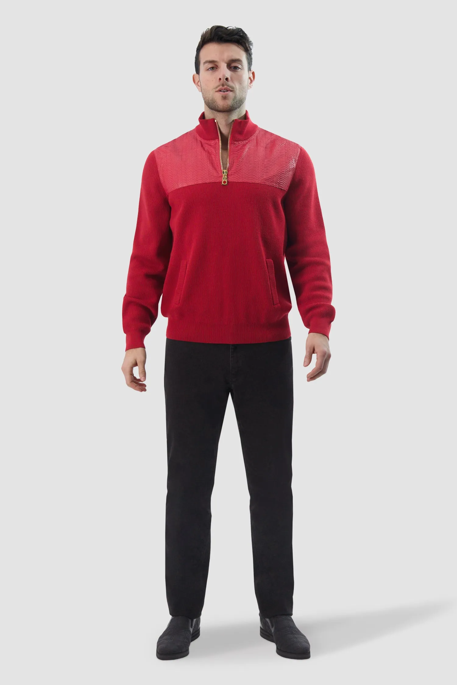 Billionaire Red Mock Zip Luxury Pullover