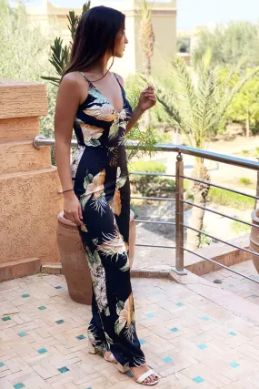 Black Floral V-Neck  Strappy Satin Jumpsuit