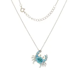 Blue Crab Necklace with Aqua and White Crystals in Sterling Silver