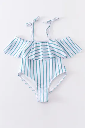 Blue stripe strap girl swimsuit one piece UPF50 