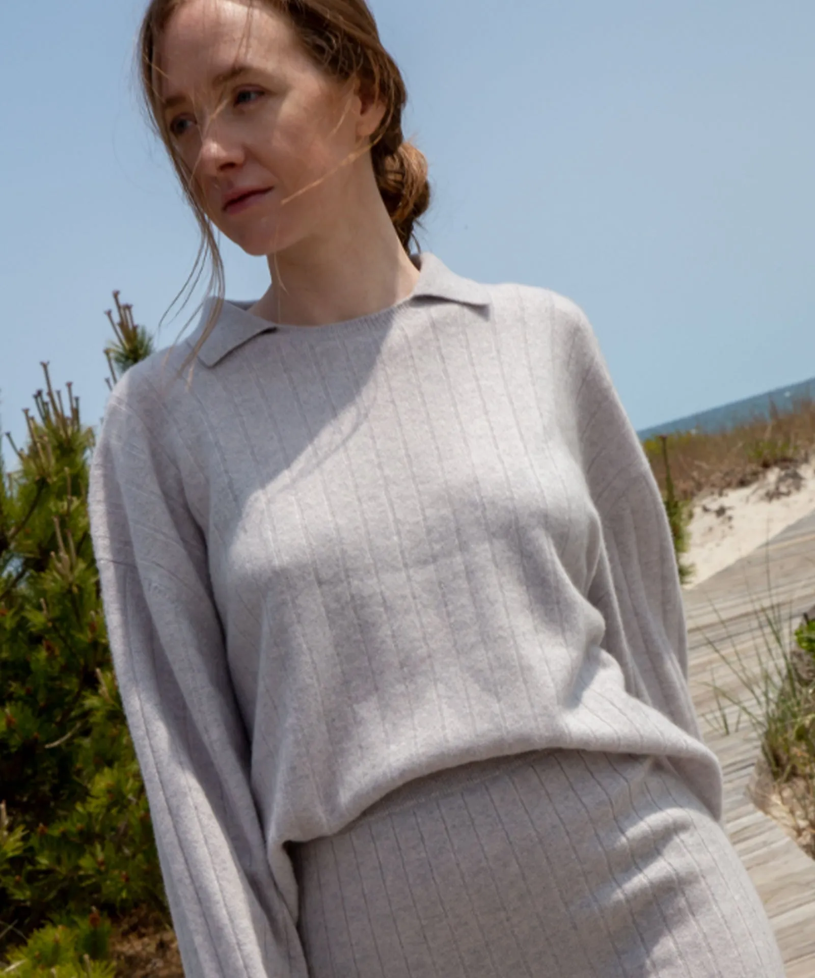 Cashmere Ribbed Collared Crewneck Sweater