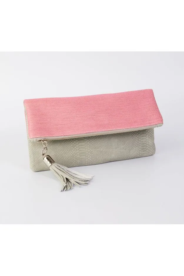 Cece Grey Embossed Lizard Reversible to Raspberry Raffia