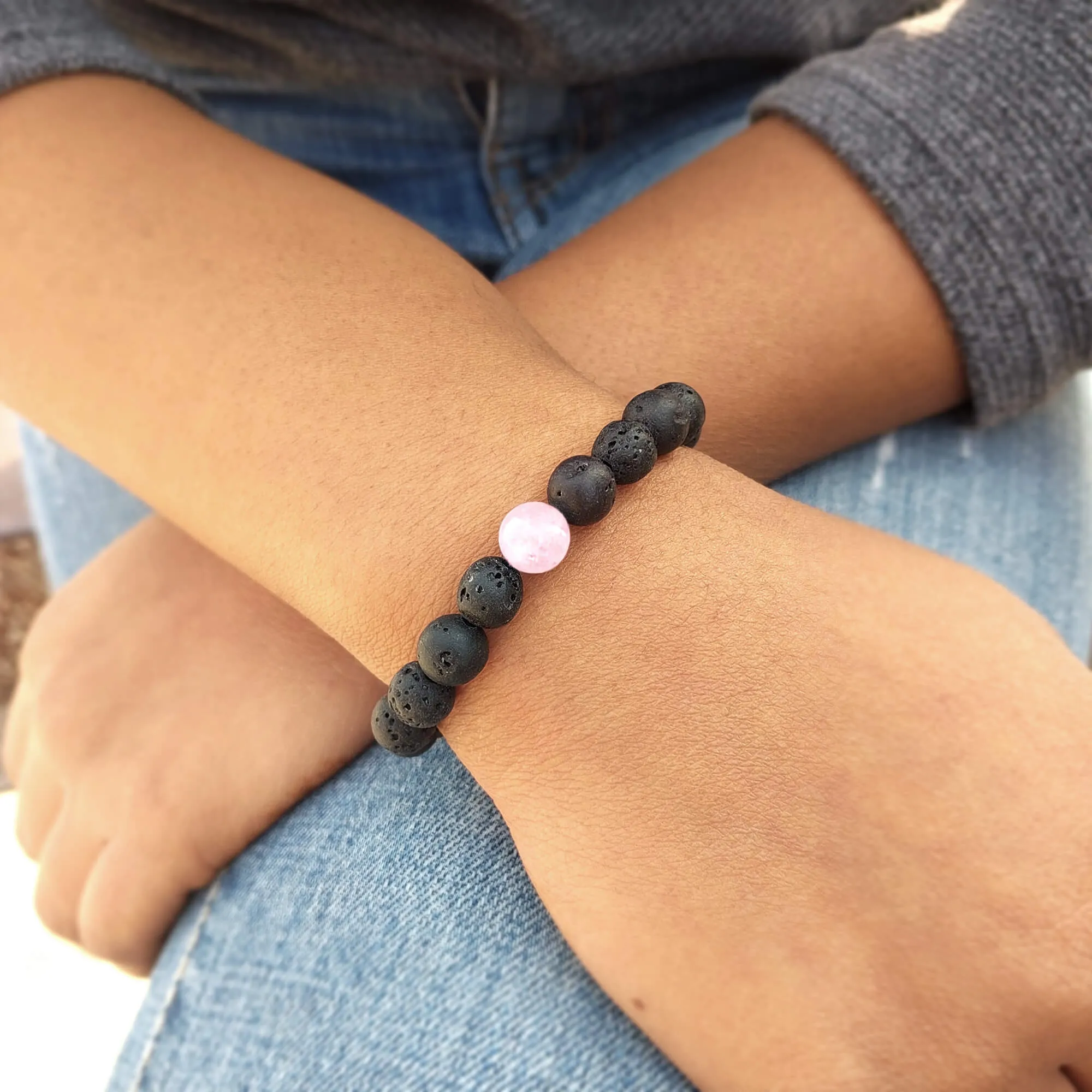 Certified Lava Natural Stone 8mm Bracelet With Rose Quartz