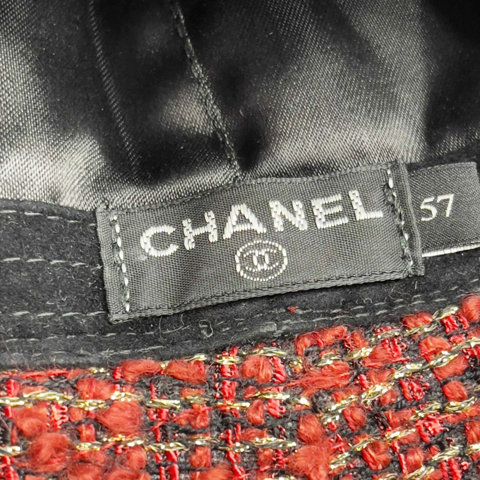 CHANEL - Tweed Boucle Bucket Hat - Pearls / Maroon / CC Logo - Size 57