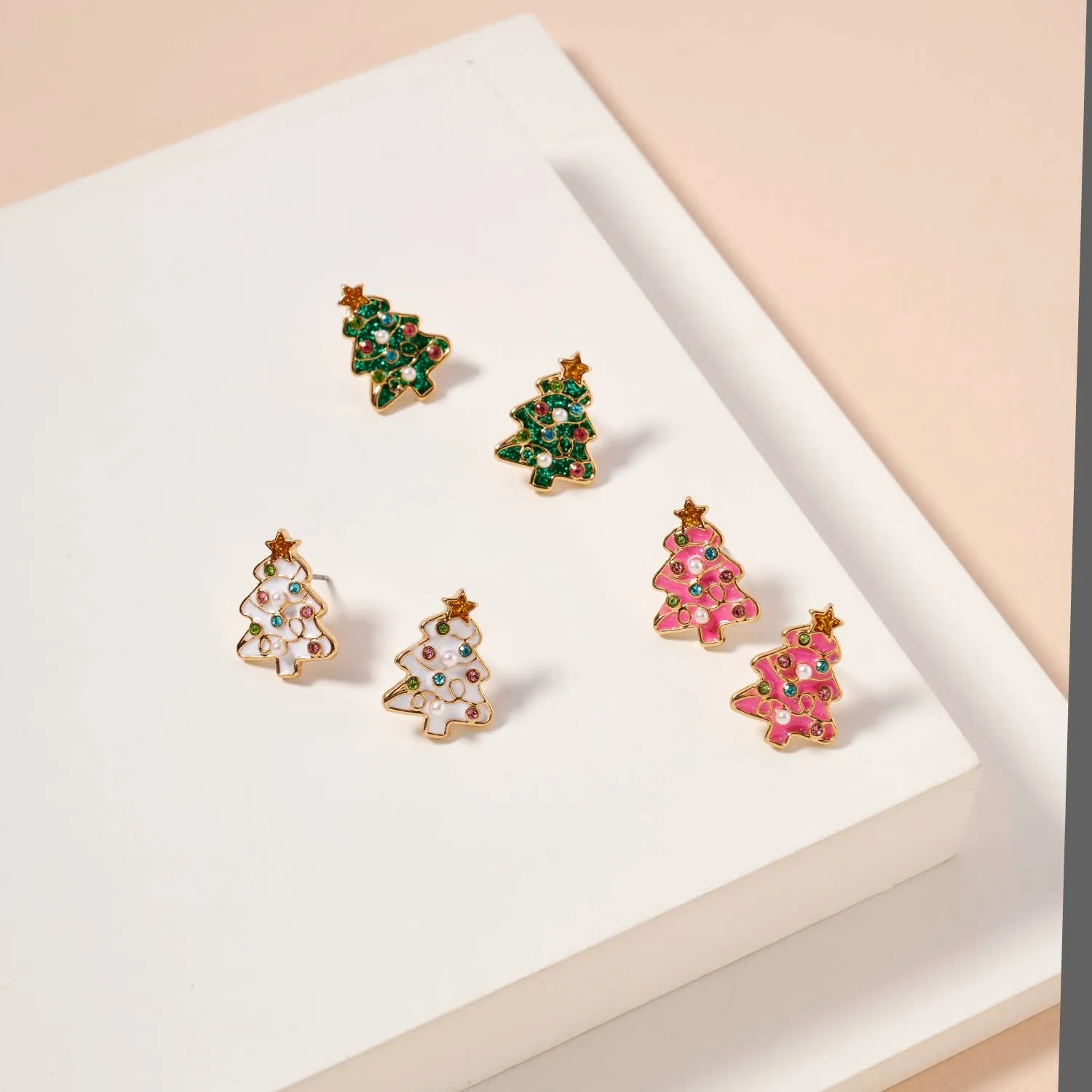 Christmas Tree Enamel Stud Earrings: Pink