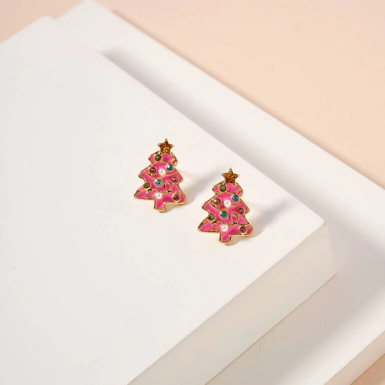 Christmas Tree Enamel Stud Earrings: Pink