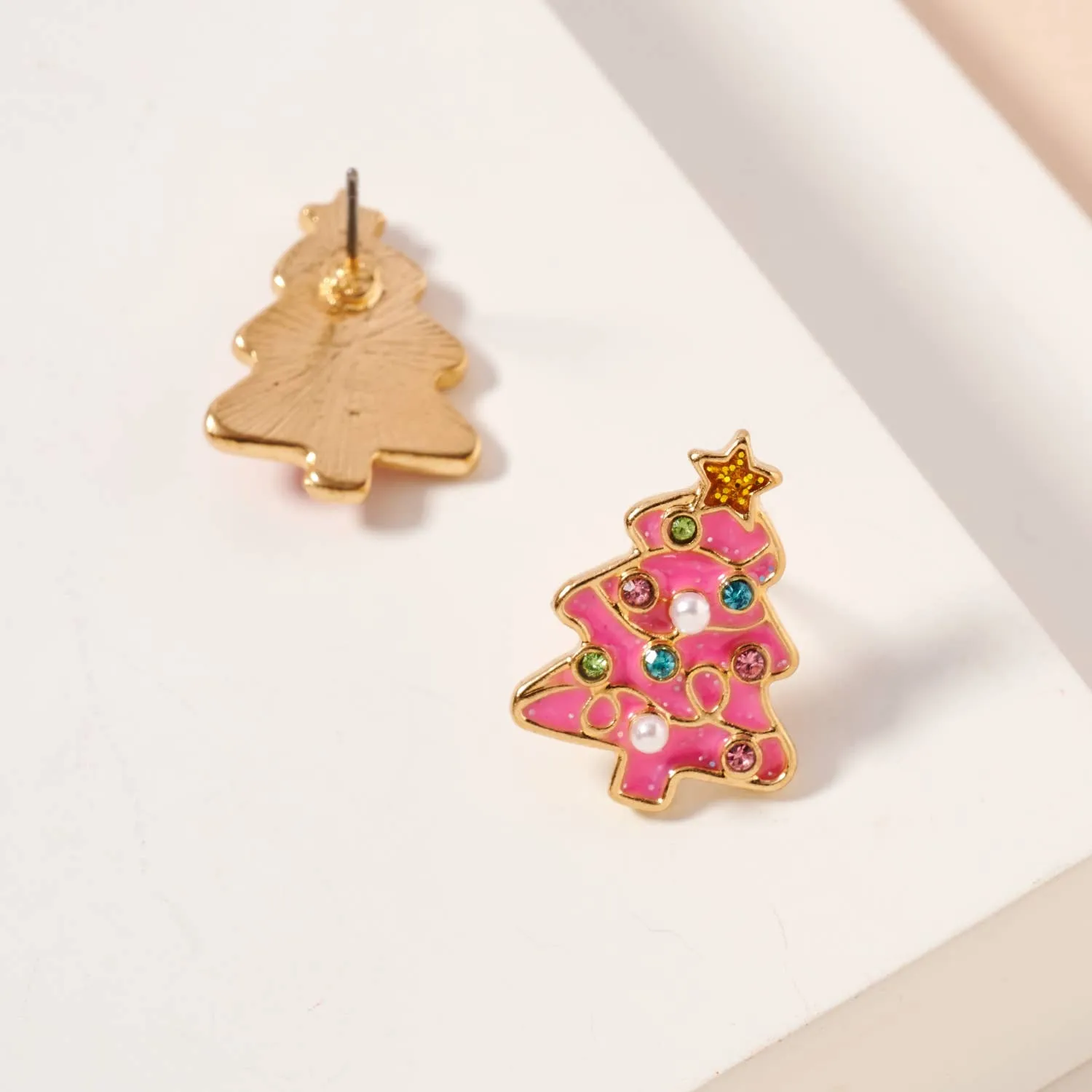 Christmas Tree Enamel Stud Earrings: Pink