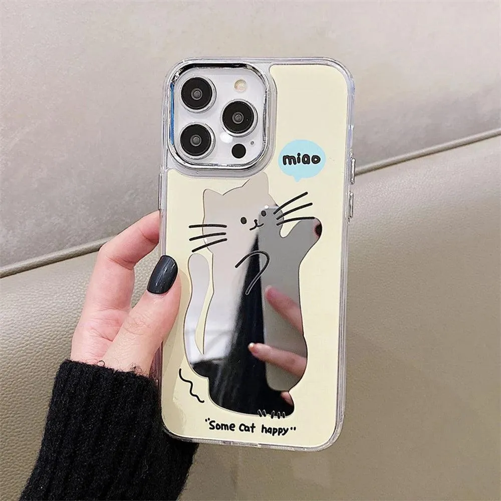 Cute Cat Cartoon Makeup Mirror Plating - Phone Cases for iPhone 14 Pro, 11, 12, and 13 Pro Max