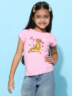 Girls Light Pink Lycra Printed Regular Fit T-shirt