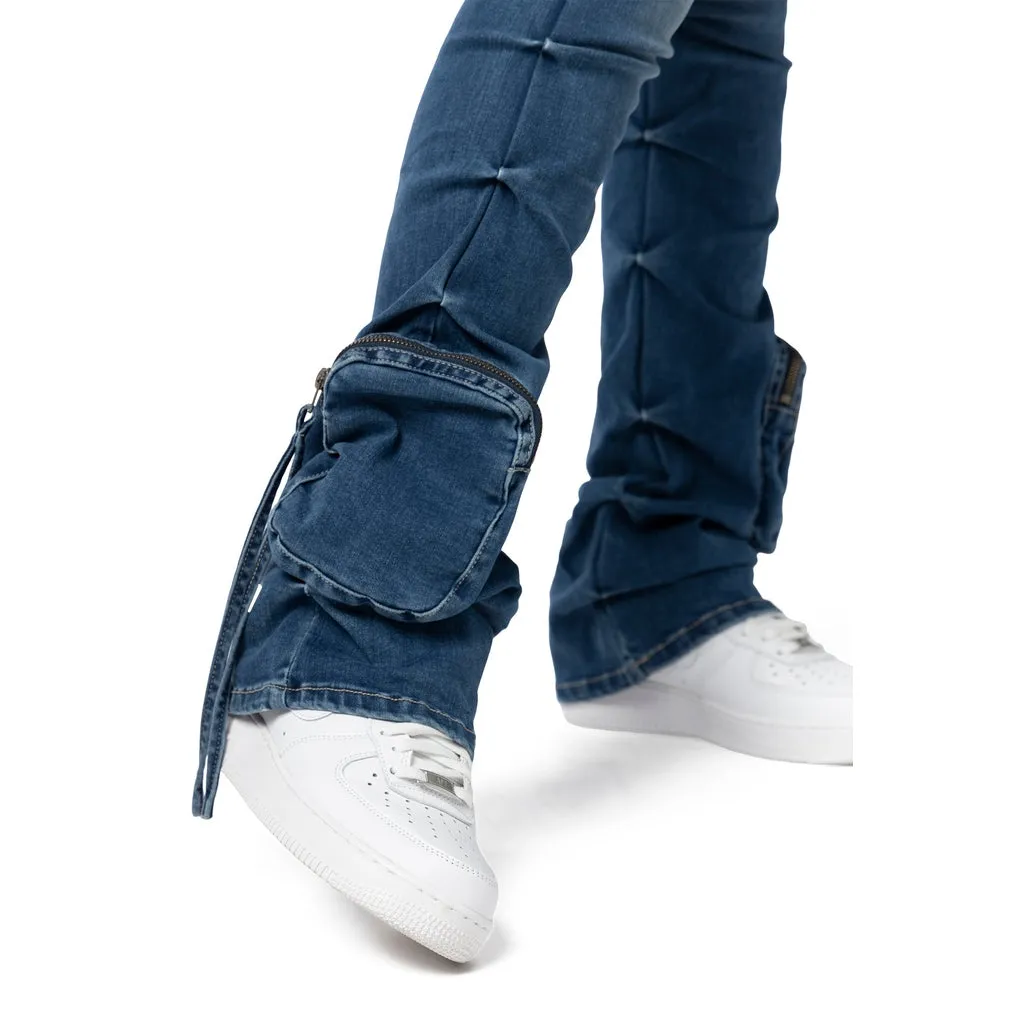 High Rise Cargo Stacked Denim Jeans - Southport Blue