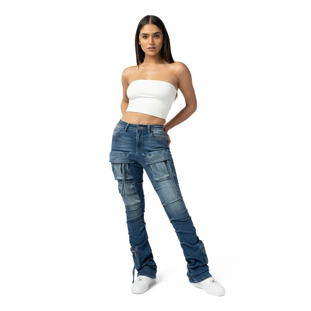 High Rise Cargo Stacked Denim Jeans - Southport Blue