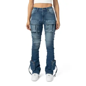 High Rise Cargo Stacked Denim Jeans - Southport Blue