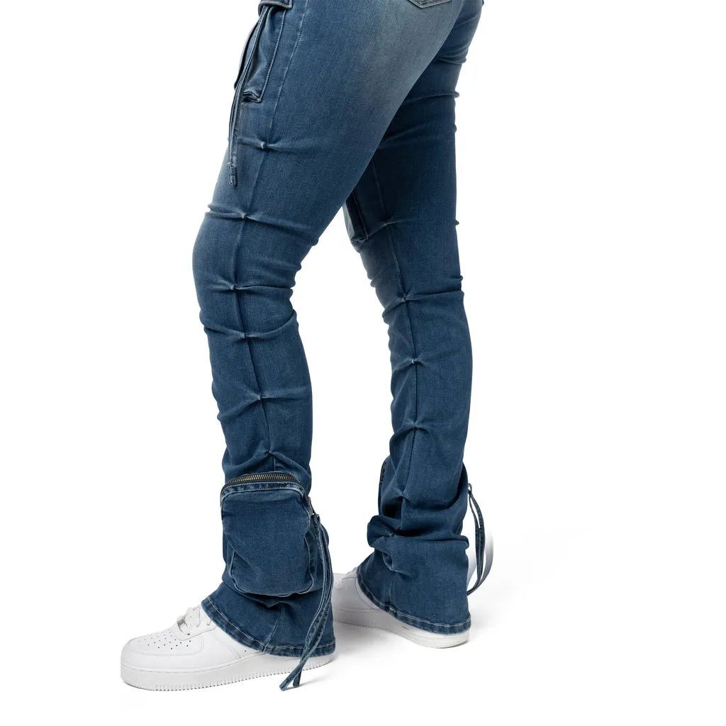 High Rise Cargo Stacked Denim Jeans - Southport Blue