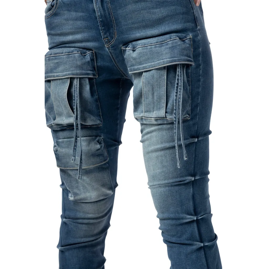 High Rise Cargo Stacked Denim Jeans - Southport Blue