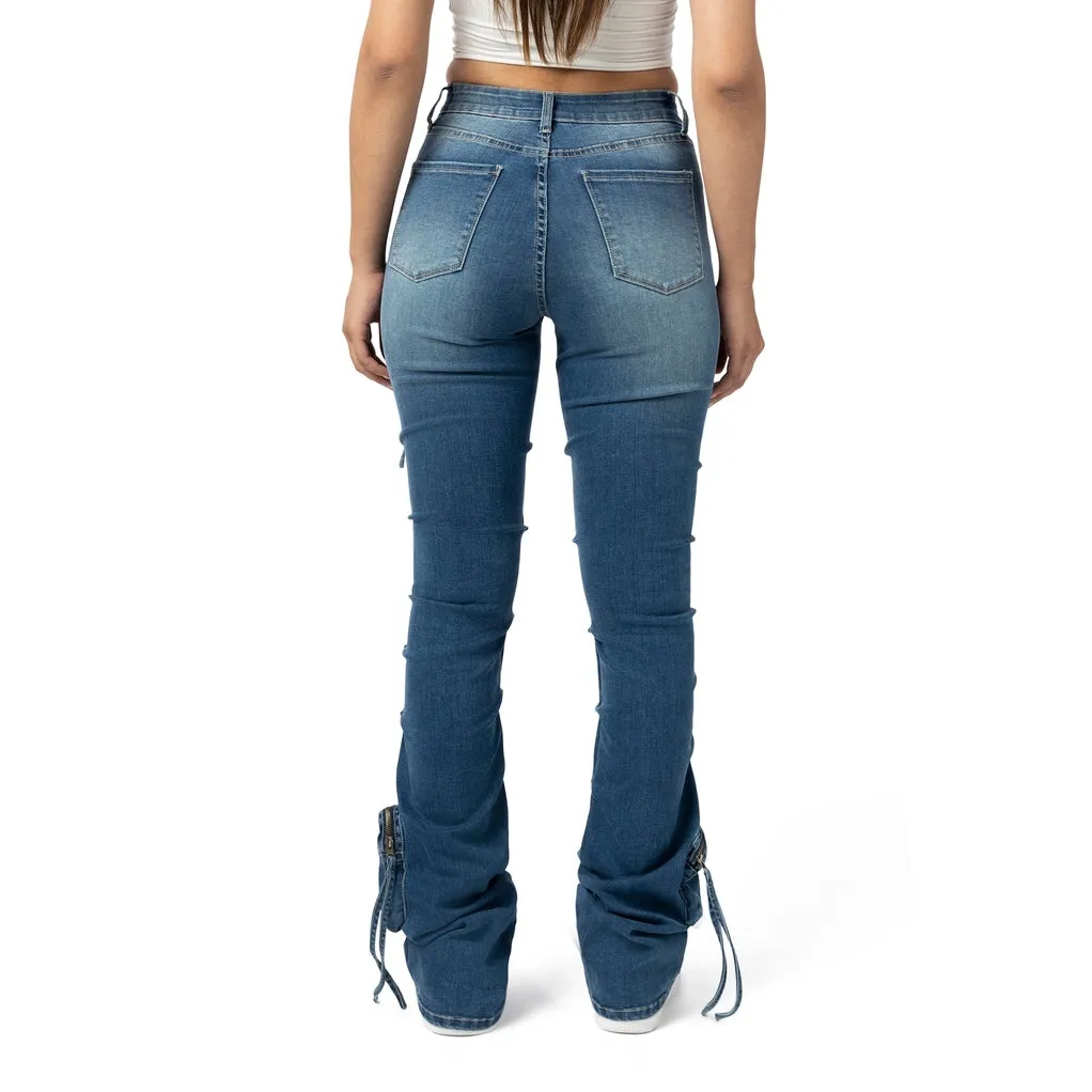 High Rise Cargo Stacked Denim Jeans - Southport Blue