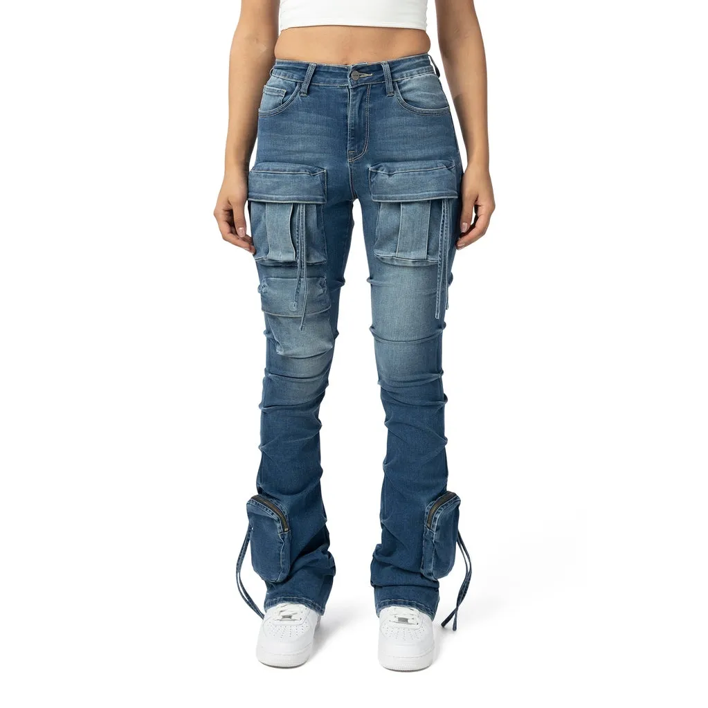 High Rise Cargo Stacked Denim Jeans - Southport Blue