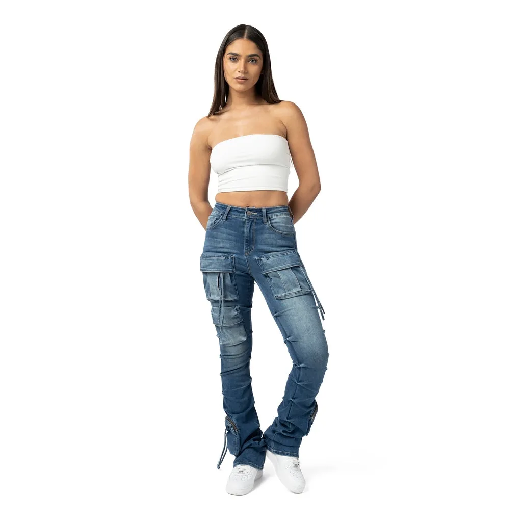 High Rise Cargo Stacked Denim Jeans - Southport Blue