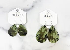 Leather Teardrop Earring Camo Green