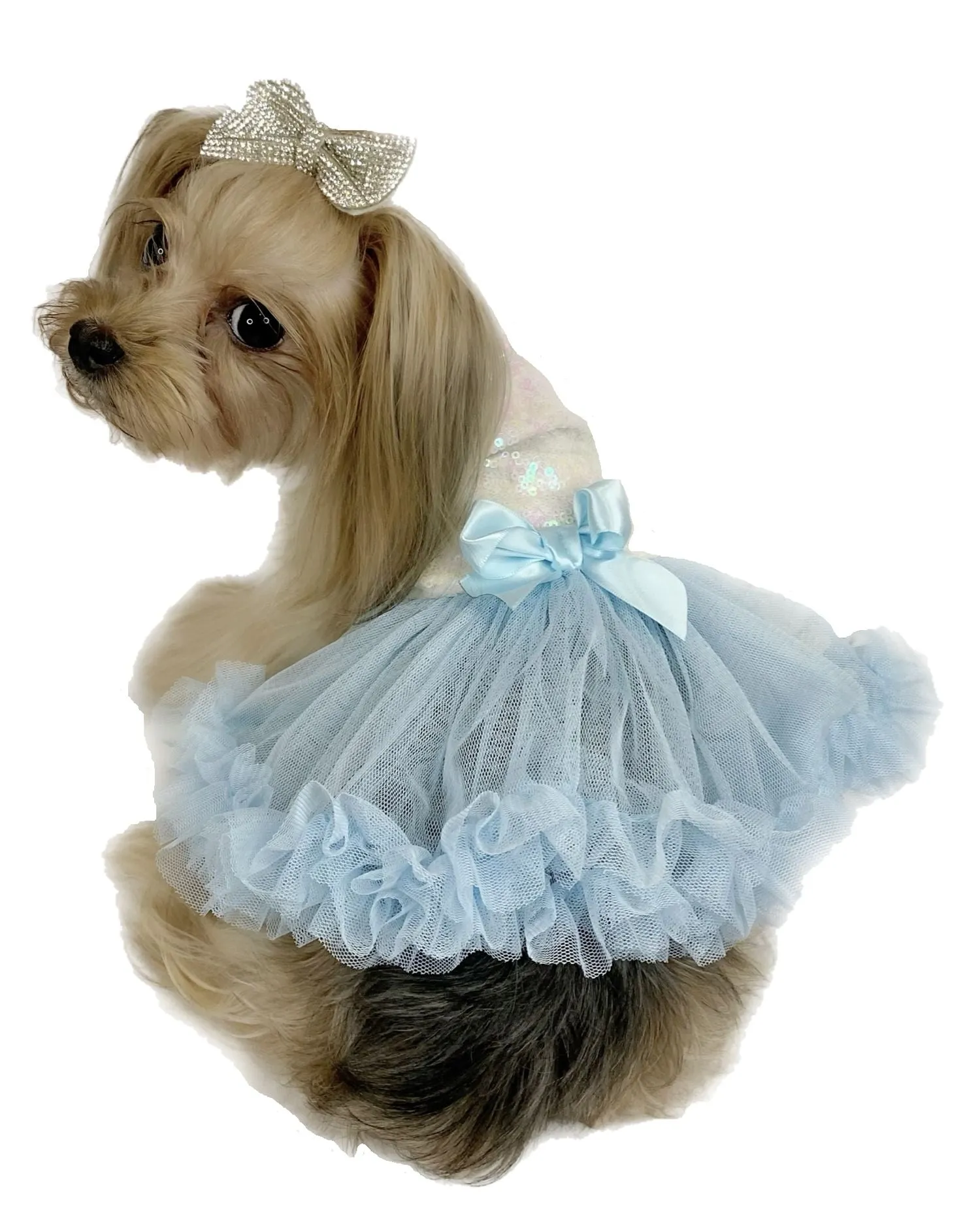 Pawpatu White and Blue Sequin Ruffle  Dress for Pets