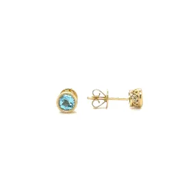 Round Blue Topaz Stud Earrings with Filigree and Milgrain Details in 14K Yellow Gold