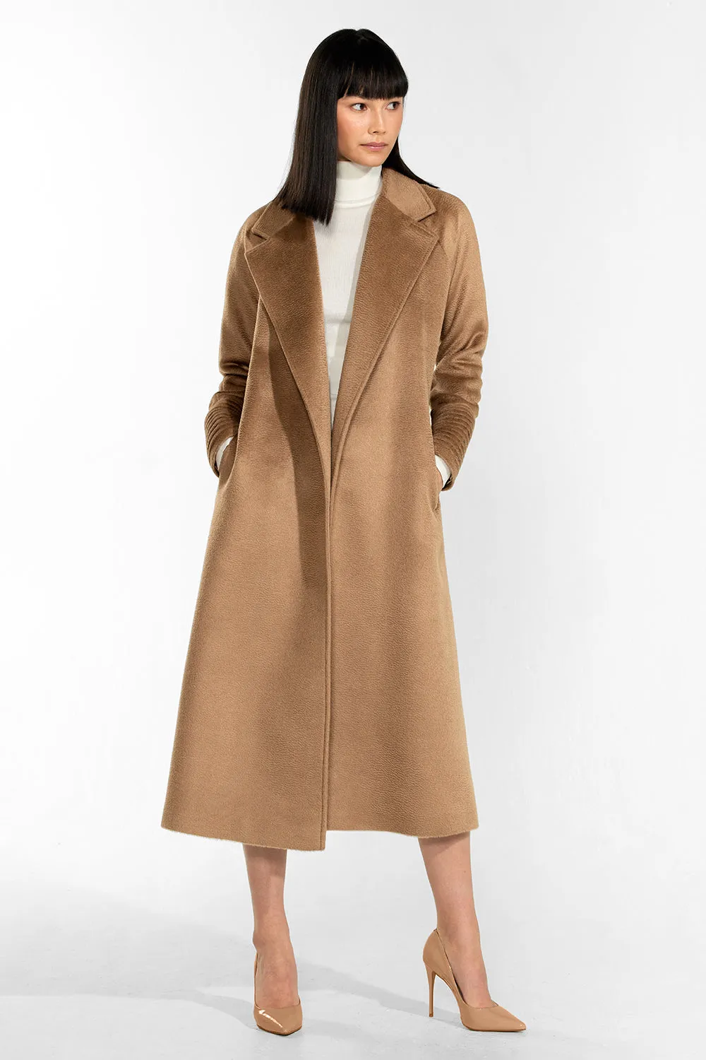 Suri Alpaca Long Notched Collar Raglan Sleeve Wrap Coat