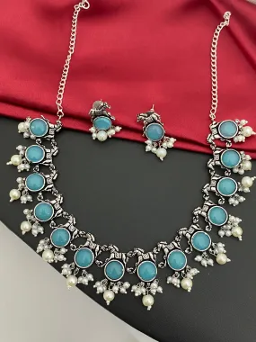 Trendy German Silver Unicorn Sky Blue Stone Beaded Oxidized Necklace With Earrings