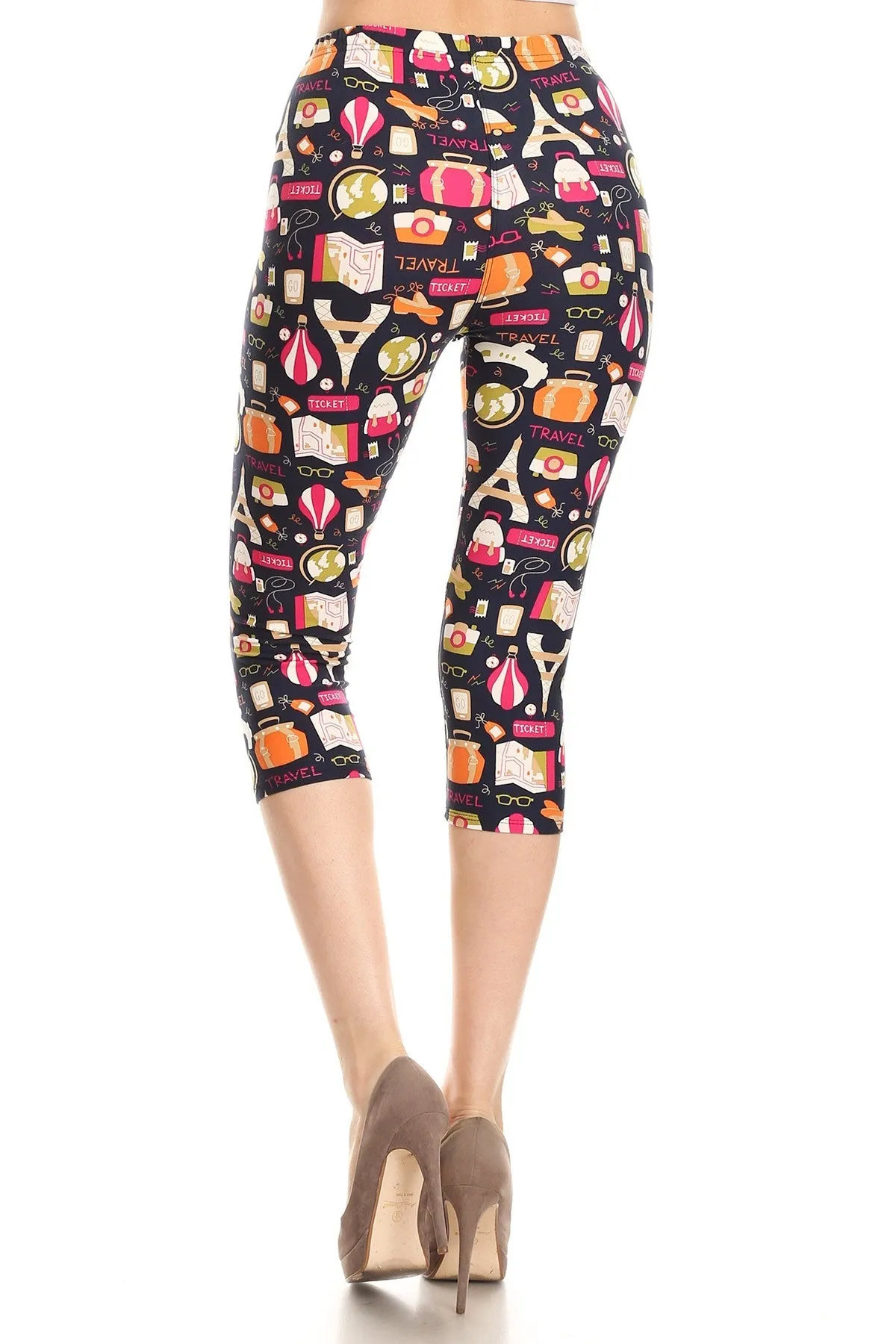 Women's Plus Colorful Travel Ticket Theme Printed Cropped Capri Leggings