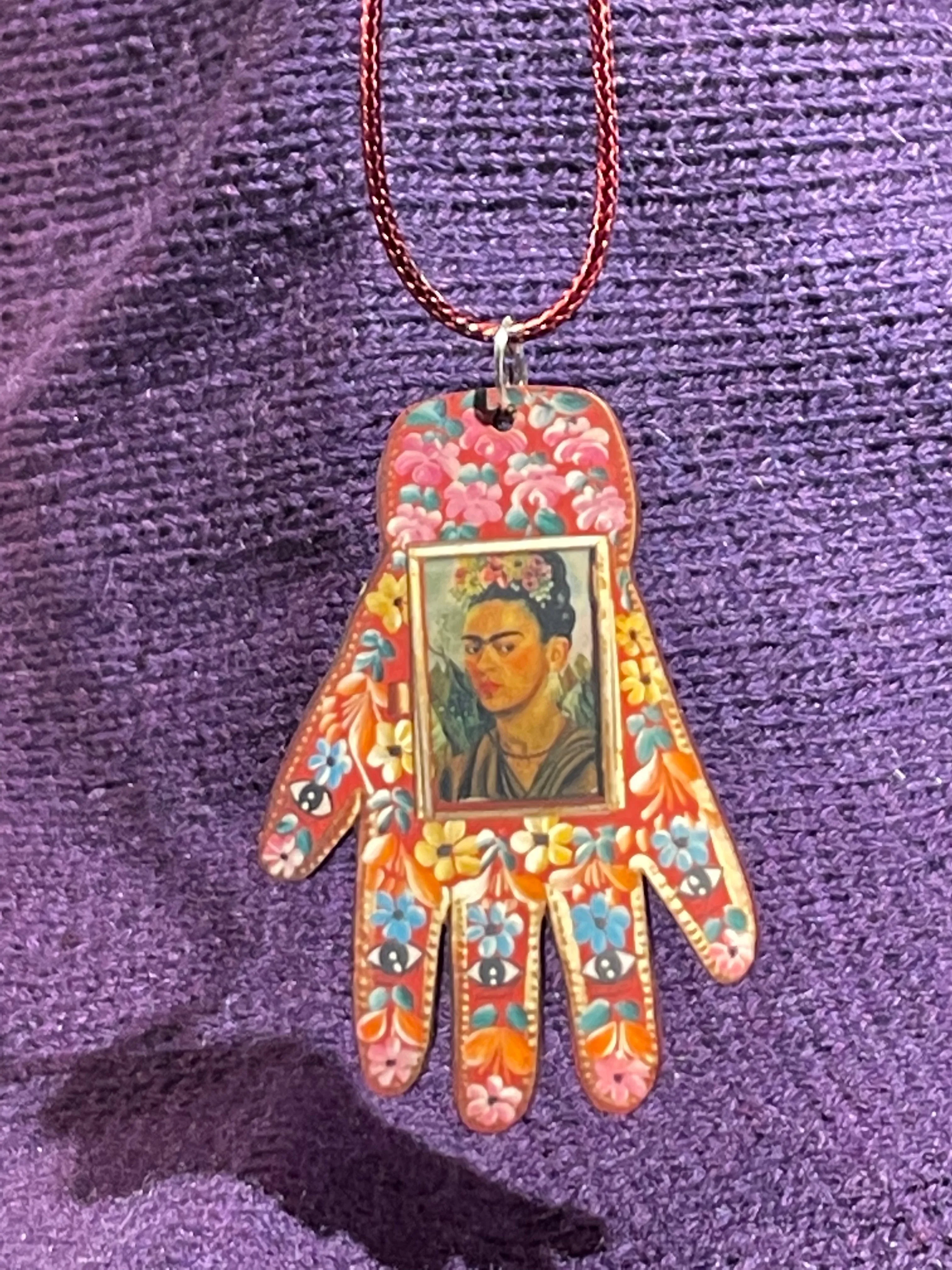 Wooden Boho Hand Pendant w/Frida Kahlo Stamp